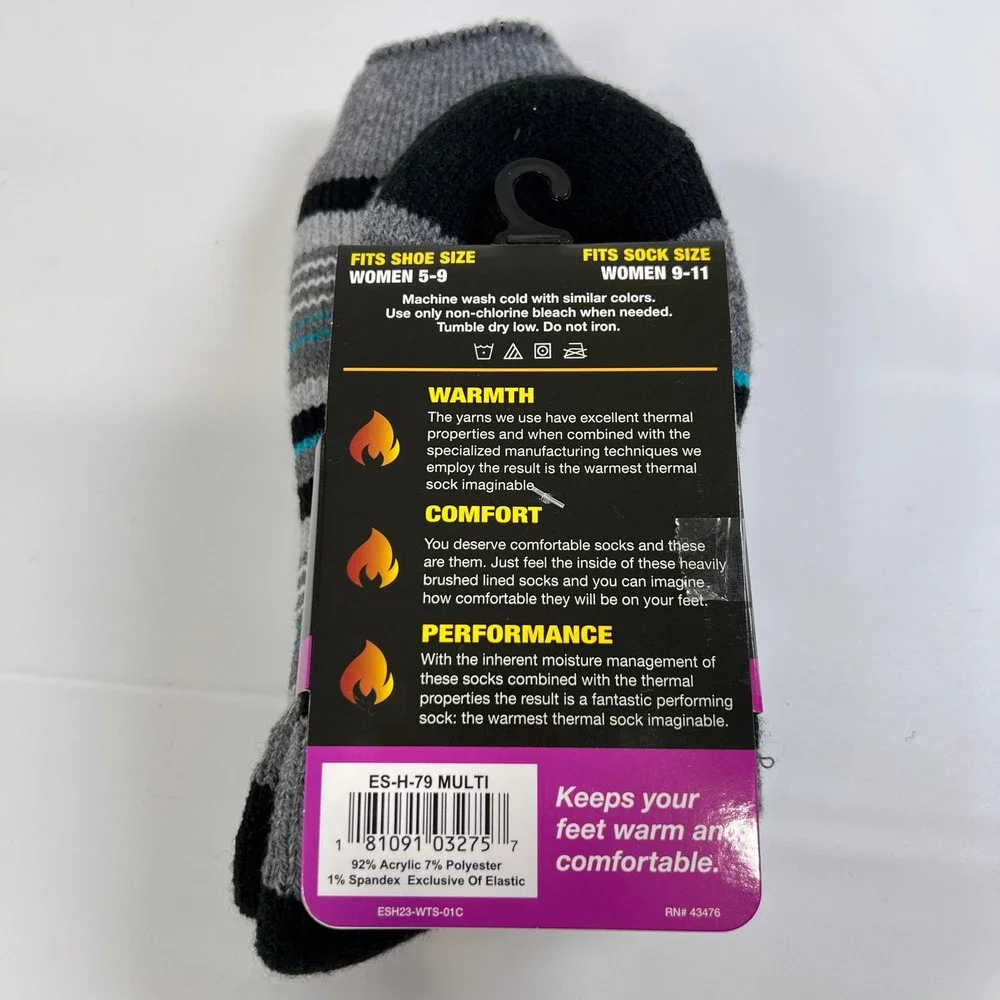 Escape Heat Insulated Thermal Socks Women 9 11‎ Gray Black Aqua Stripe Cozy Warm